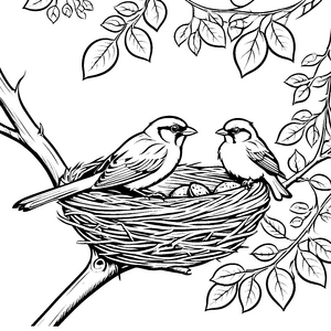 Lebhaftes Vogelpaar im kuscheligen Nest Ausmalbild für kreative Naturfreunde