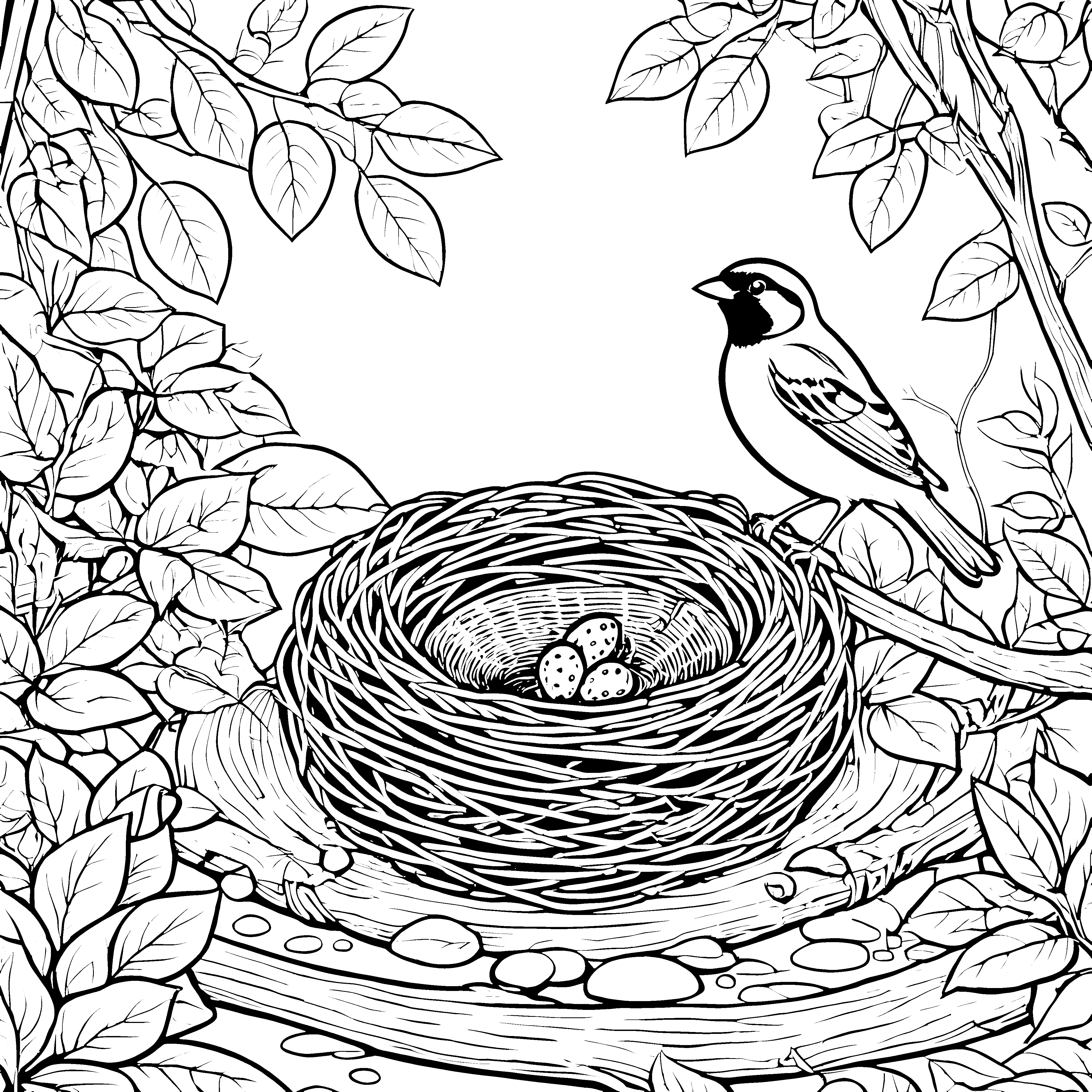 Neugieriger Vogel am bunten Nest Ausmalvorlage für kleine Naturforscher