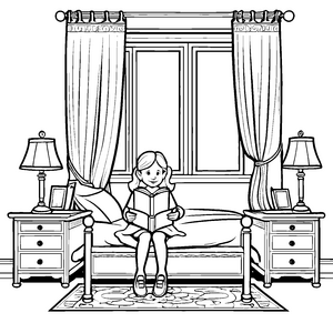 Bezaubernde Lesestunde auf dem Bett Ausmalvorlage für träumerische Bücherwürmer