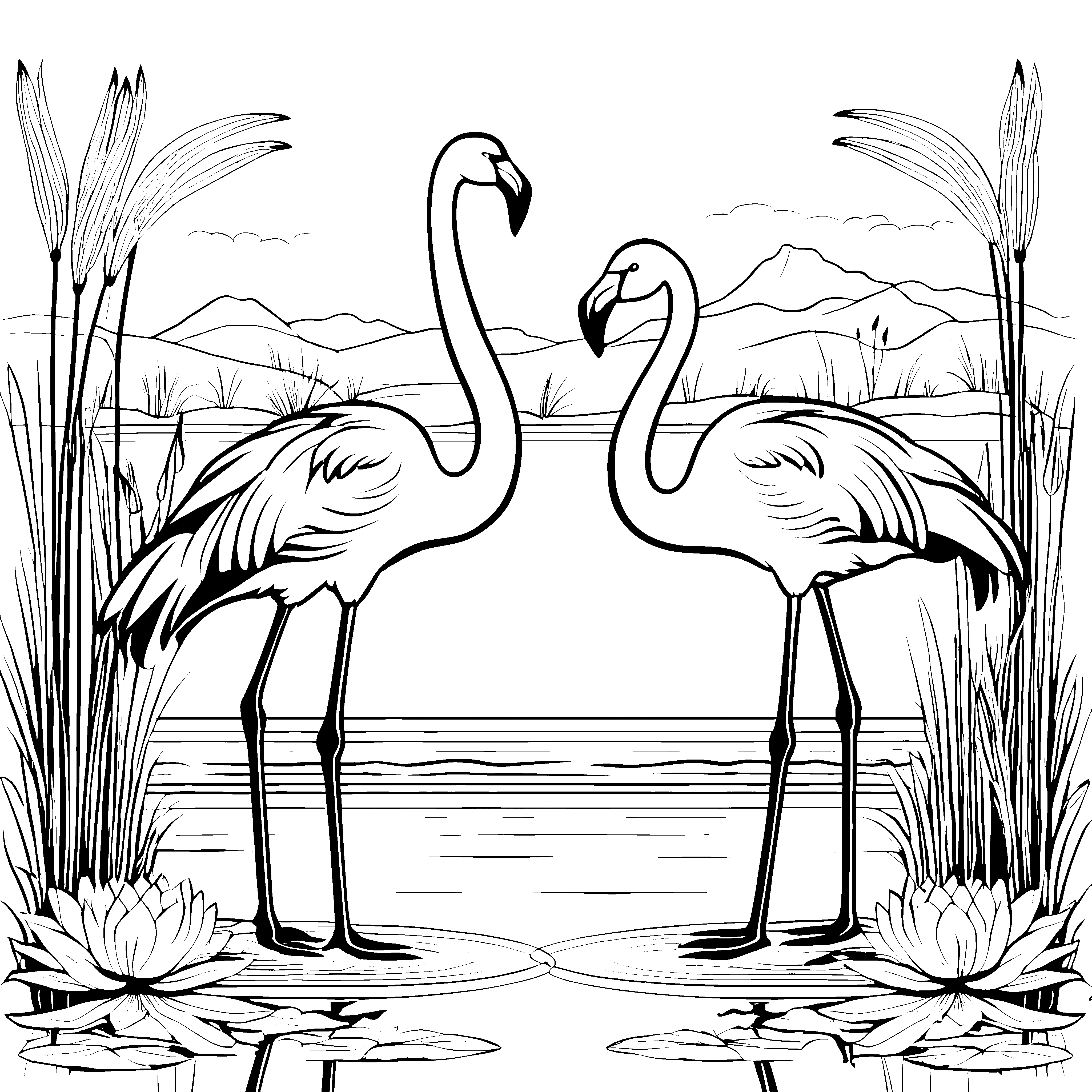 Zwei verspielte Flamingos in Herzform am Ufer Ausmalvorlage für kleine Tierfreunde mit großen Träumen