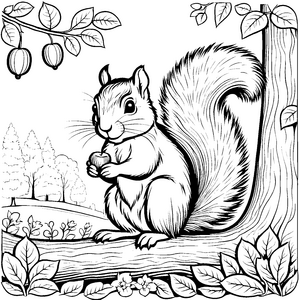 Gemütliches Eichhörnchen auf Baumstumpf mit frischem Obst Ausmalvorlage für fantasievolle Naturfreunde