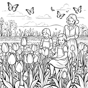 Drei fröhliche Frauen unter bunten Tulpen Ausmalmotiv für blühende Fantasten