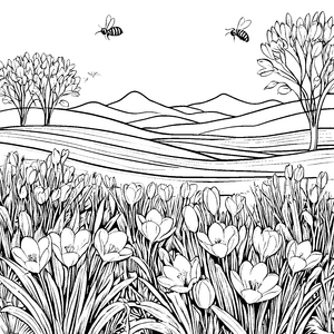 Zarte Krokusse in blühender Wiesenlandschaft Malvorlage für fröhliche Pädagogen mit bunten Ideen