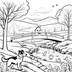 Verspielter Border Collie am sprudelnden Bach Ausmalmotiv für abenteuerlustige Tierfreunde