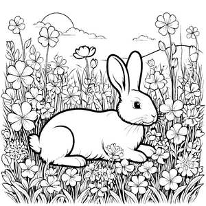 Charmanter Klee mit entspanntem Hasen und bunten Blüten Ausmalbild für fantasievolle Naturforscher