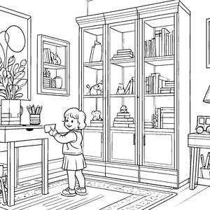 Fesselnde Leseecke mit Bücherregal und Pflanzen Ausmalmotiv für kleine Buchliebhaber