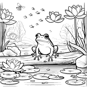 Verspielter Frosch auf Baumstamm mit Fliegen Ausmalbild für kleine Naturentdecker