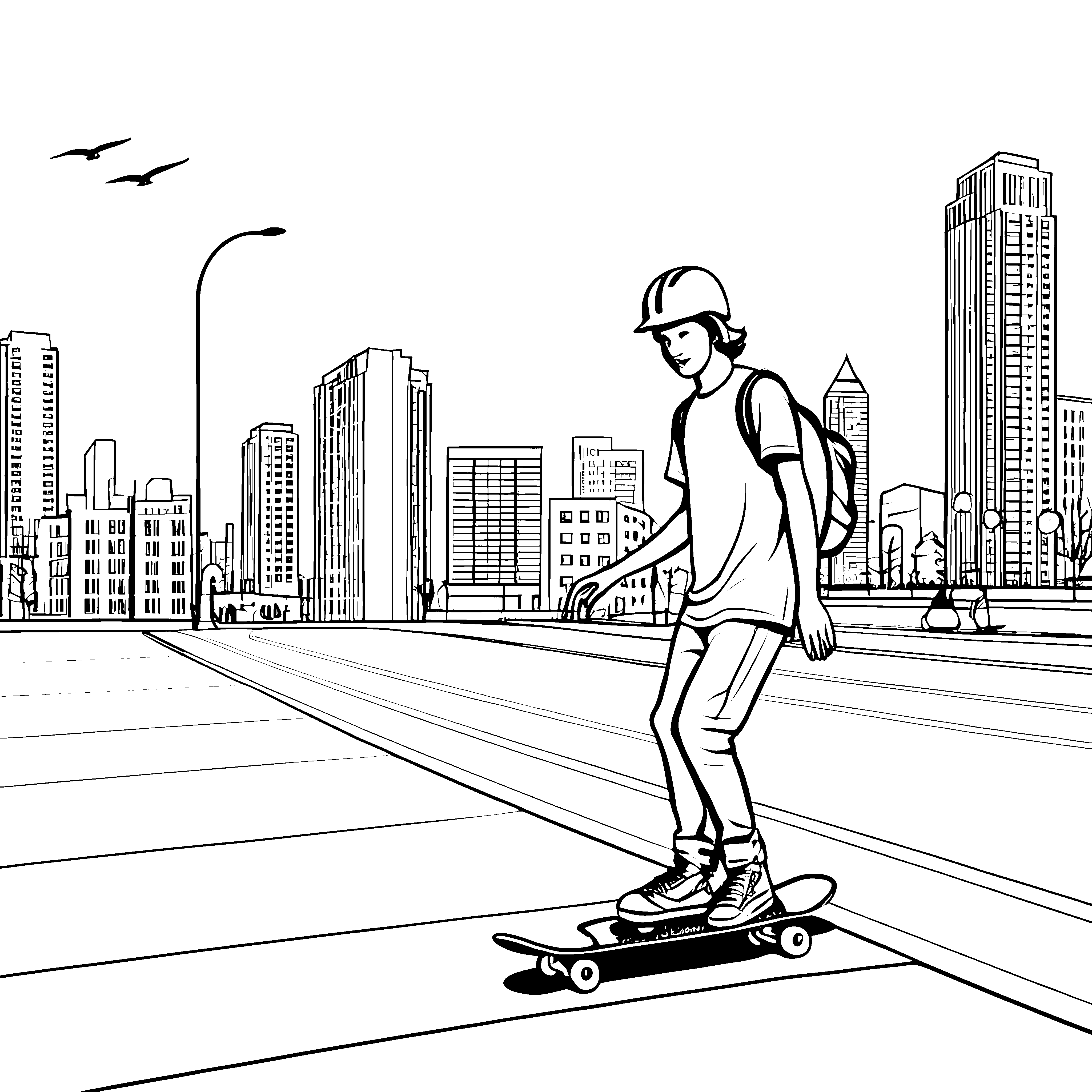 Skateboarder im urbanen Abenteuer mit fantastischen Gebäuden Malvorlage für junge Stadtentdecker