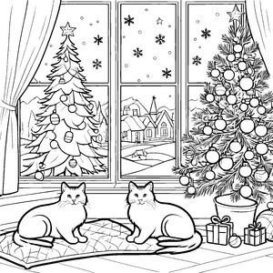 Gemütliche Katzen vor festlich geschmücktem Weihnachtsbaum Ausmalbild für fröhliche Weihnachtskünstler