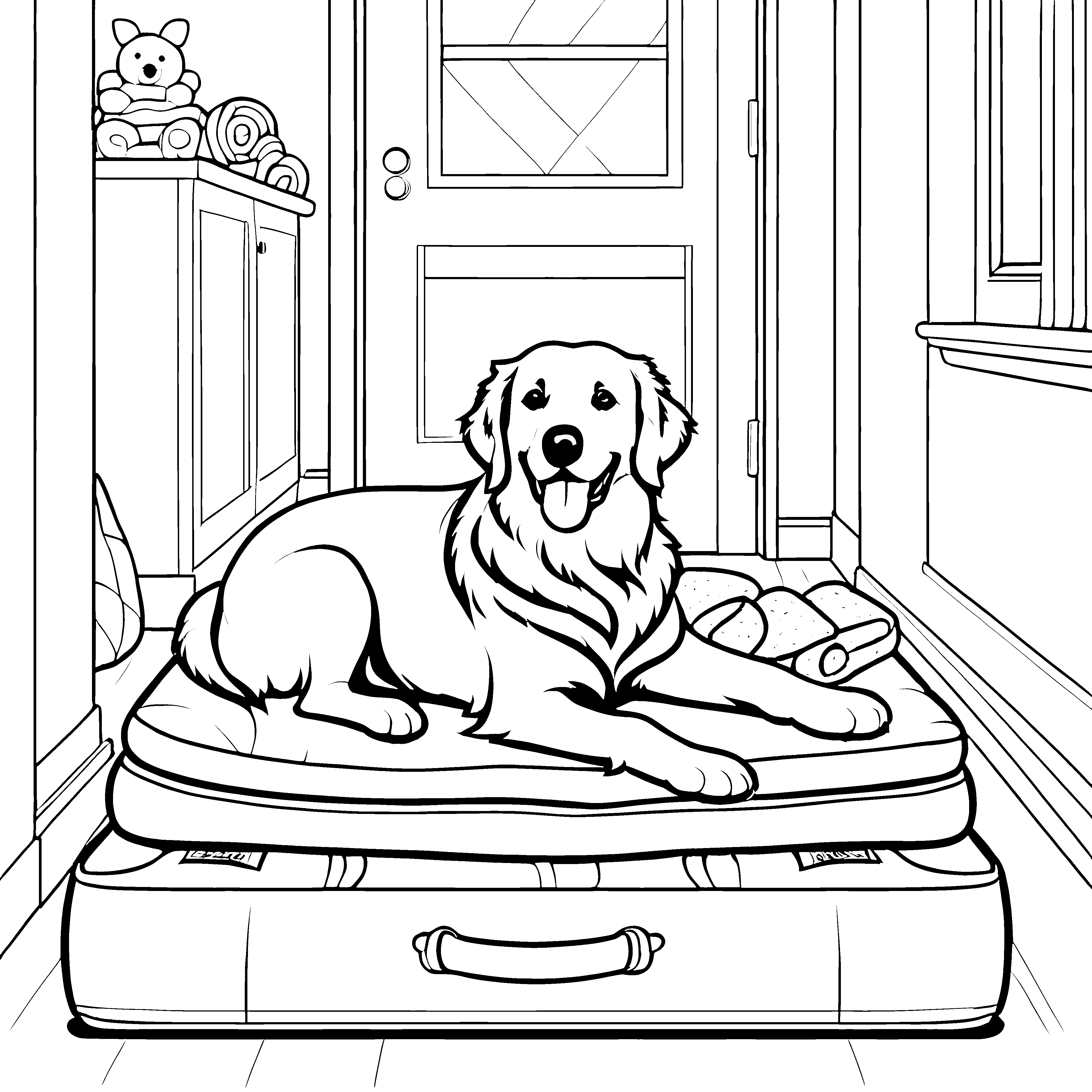 Bequemes Hundekörbchen mit fröhlichem Lieblingsfreund Ausmalvorlage für liebevolle Tierfreunde