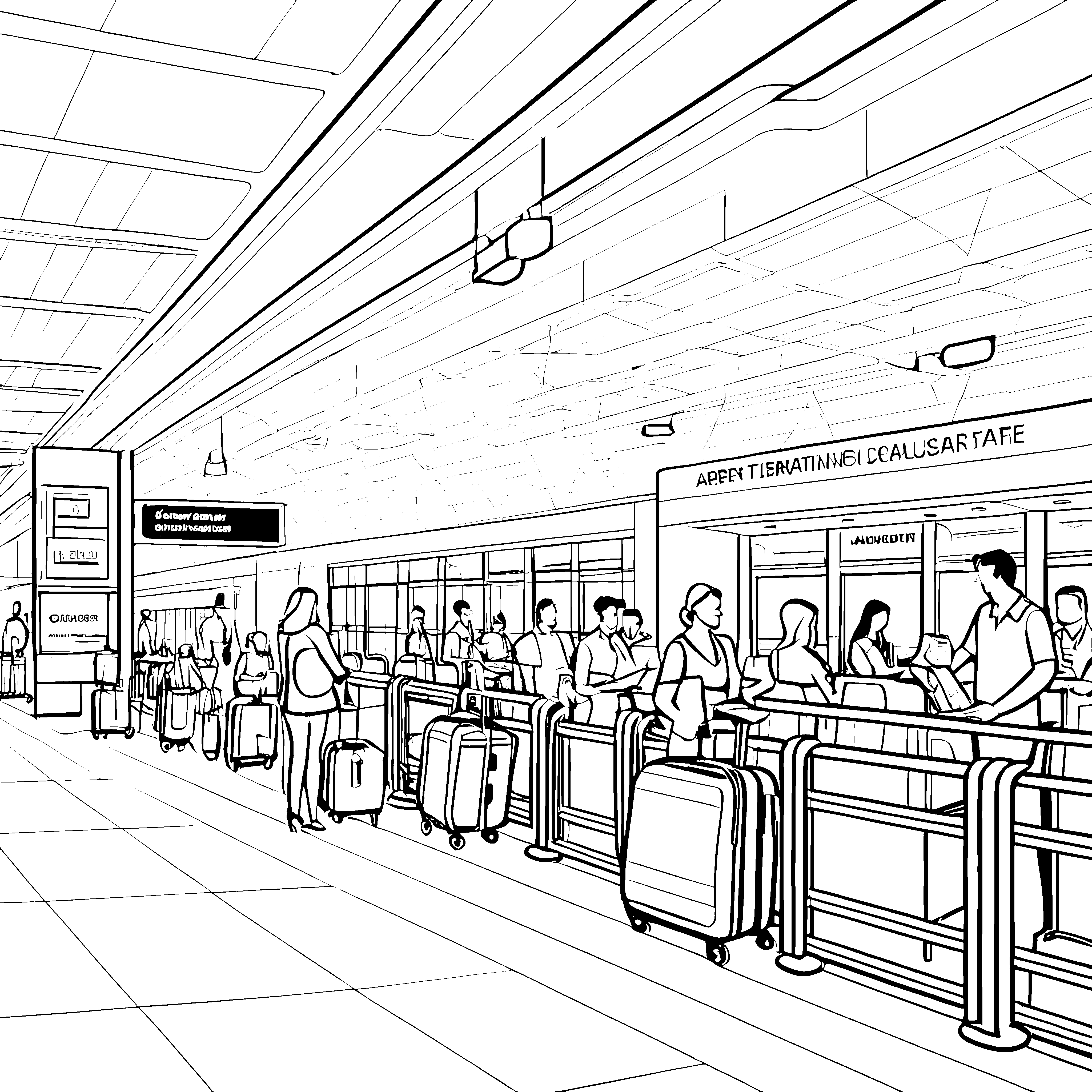 Hektische Flughafen-Athmosphäre mit wartenden Reisenden Ausmalbild für abenteuerliche Entdecker