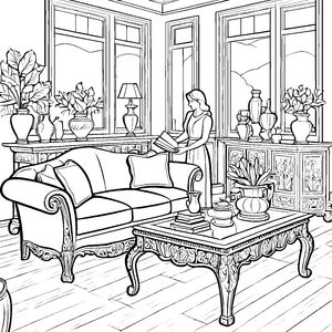 Charmanter Vintage-Tisch mit Blumen und Büchern Ausmalbild für leidenschaftliche Traumfänger