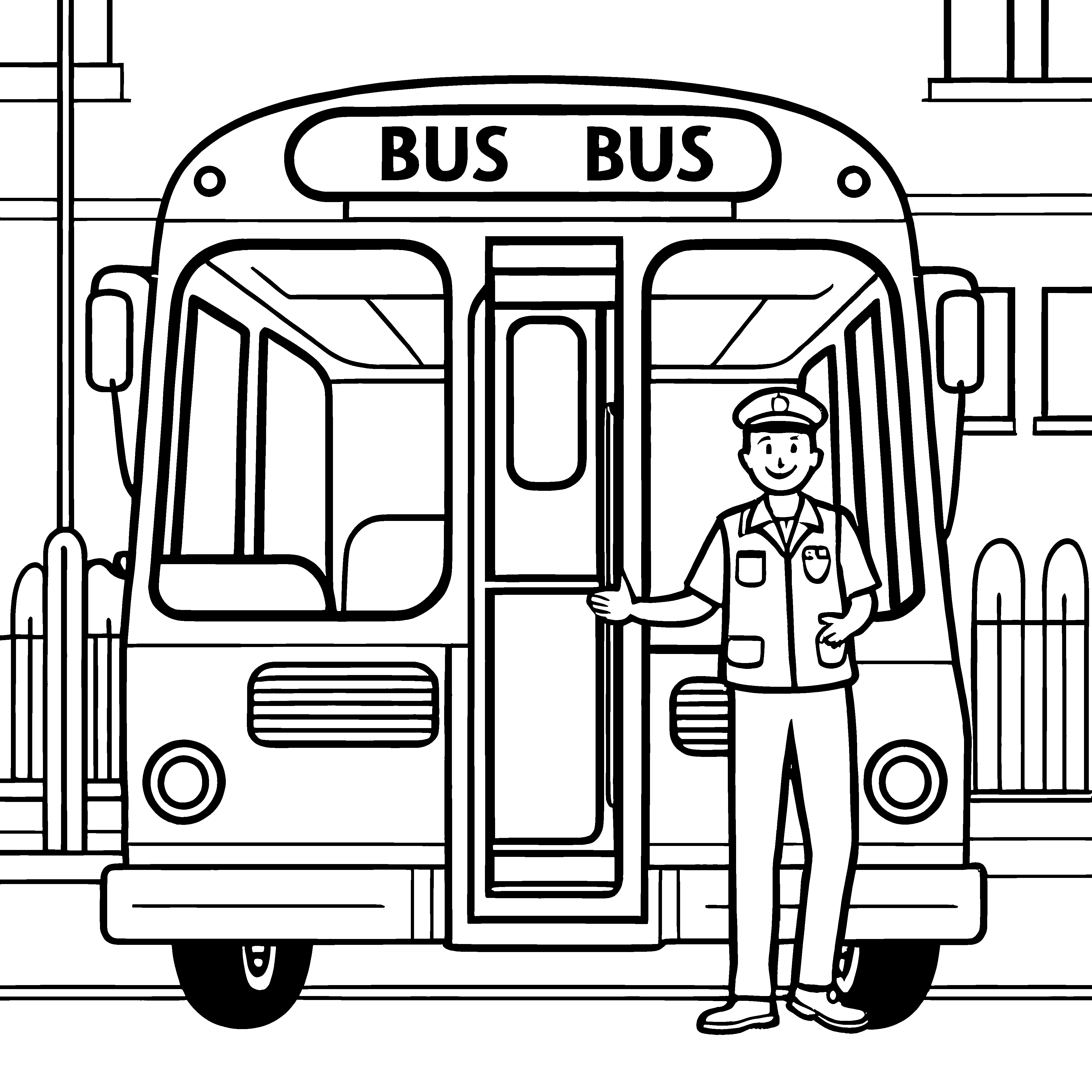 Einladender Busfahrer vor buntem Schulbus Ausmalmotiv für kleine Reiseprofis