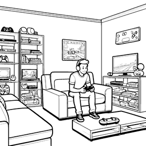 Fasziniertes Kind mit Spielkonsole auf der Couch Malvorlage für neugierige Technikfreaks