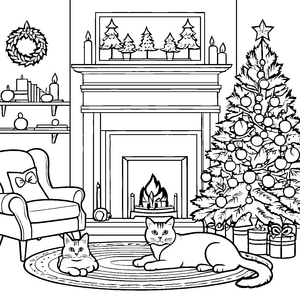 Gemütliche Katzen vor dem festlichen Kamin Ausmalvorlage für fröhliche Weihnachtskinder