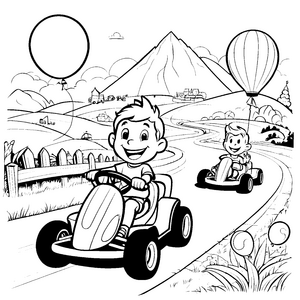 Rasante Go-Kart-Fahrt mit fröhlichen Fahrern Ausmalmotiv für abenteuerlustige Entdecker
