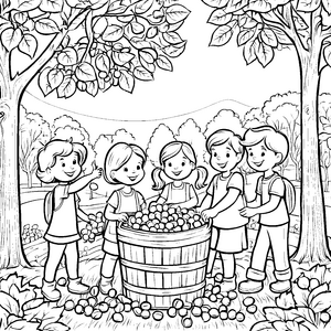 Fröhliche Kinder beim Apfelpflücken Ausmalbild für kleine Naturentdecker
