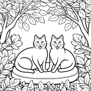Süße Gähnende Katzen im fröhlichen Blätterrahmen Ausmalvorlage für entspannte Tierliebhaber
