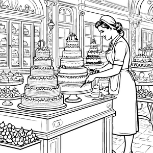 Kunstvolle Konditorin verziert kreative Hochzeitstorte Ausmalbild für kleine Backabenteurer