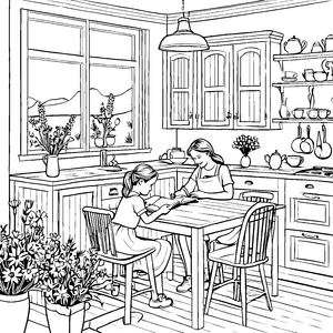 Herzlicher Landhausstil-Tisch mit Lesemoment und Pflanzen Ausmalbild für kleine Entdecker in der Küche