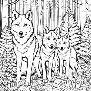 Drei neugierige Wolfsbabys im geheimnisvollen Forst Ausmalbild für kleine Naturentdecker