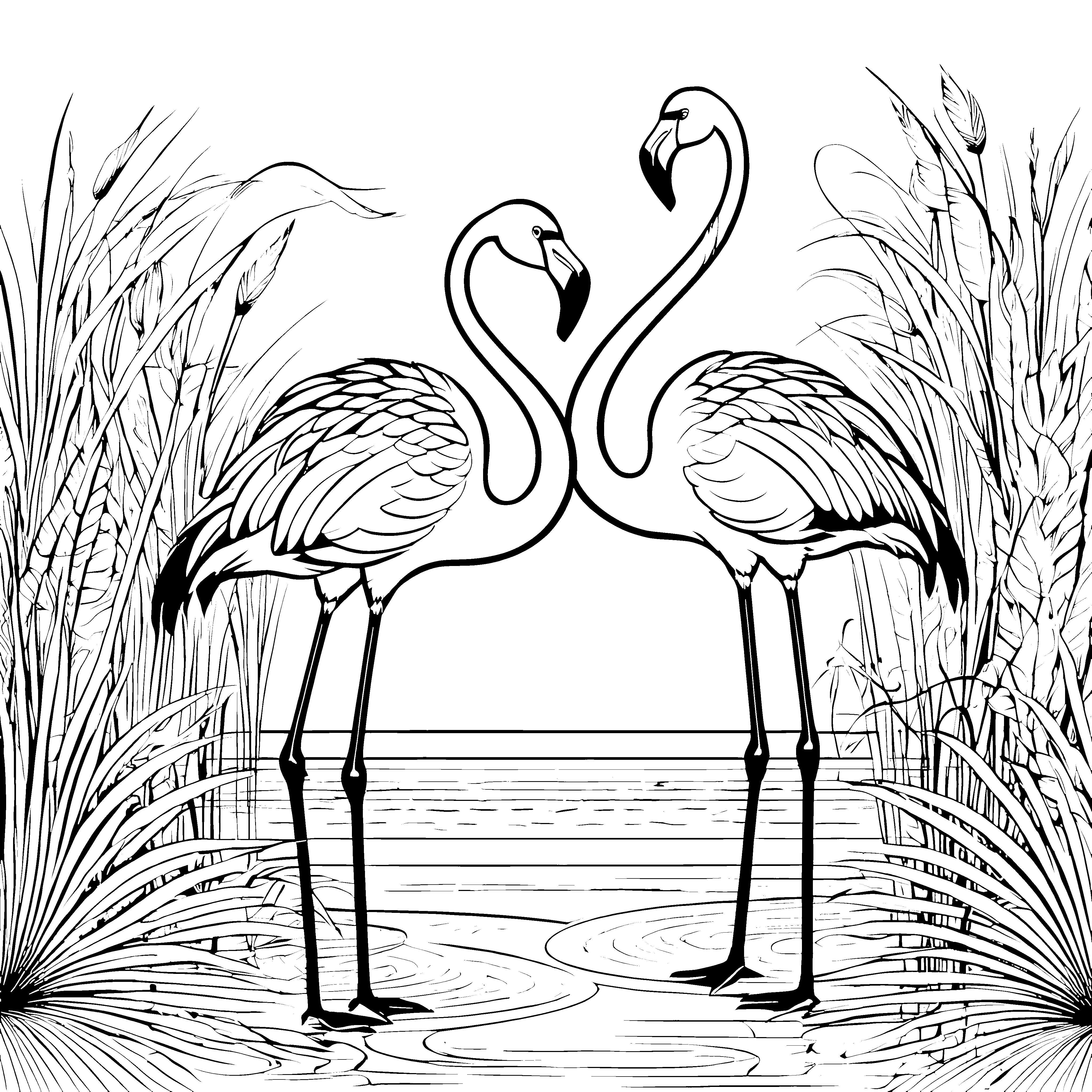 Zwei verspielte Flamingos im Gras Malvorlage für kleine Farbenkünstler