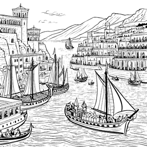 Beeindruckender Phönizischer Händler am malerischen Hafen Ausmalmotivs für fantasievolle Bootsabenteurer