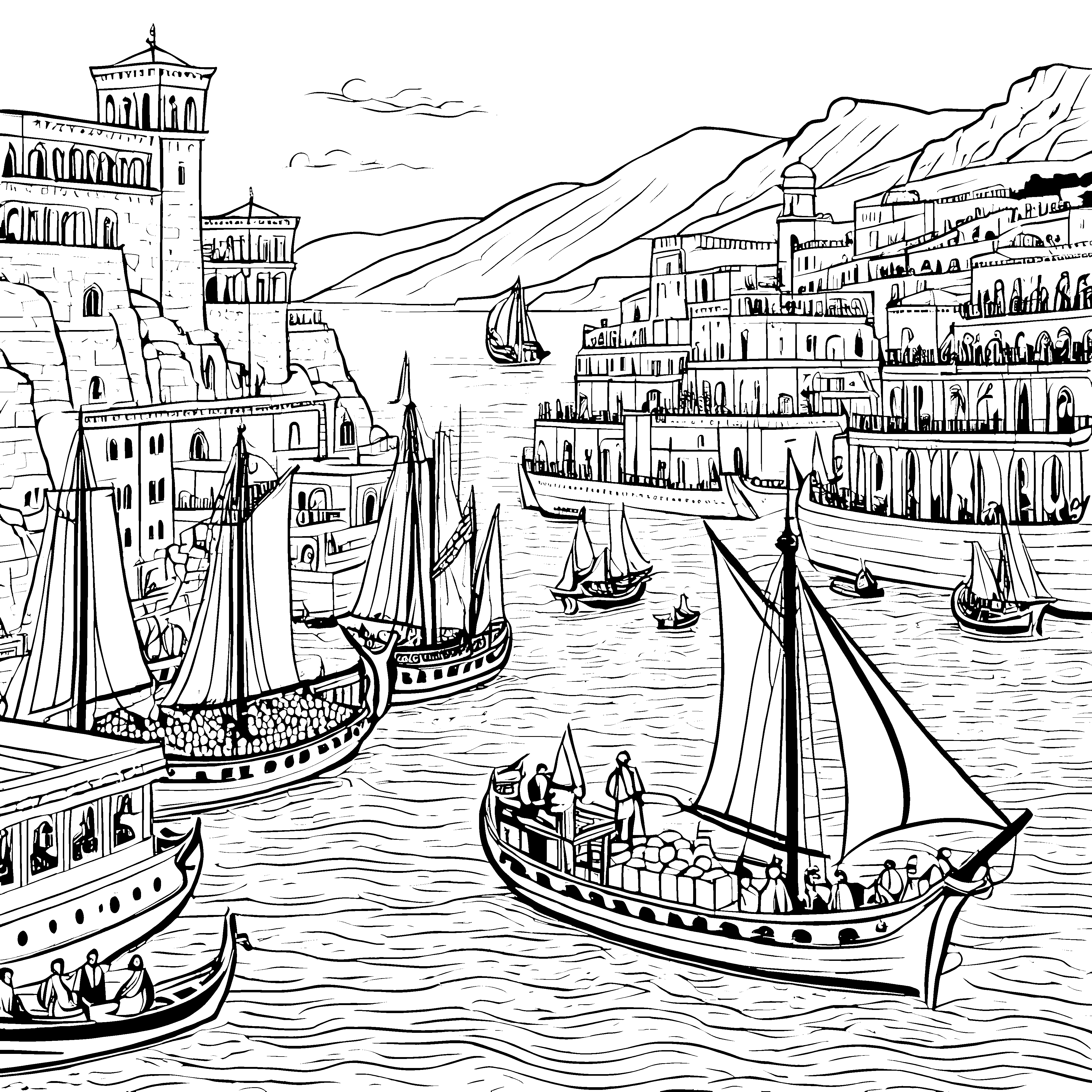 Beeindruckender Phönizischer Händler am malerischen Hafen Ausmalmotivs für fantasievolle Bootsabenteurer