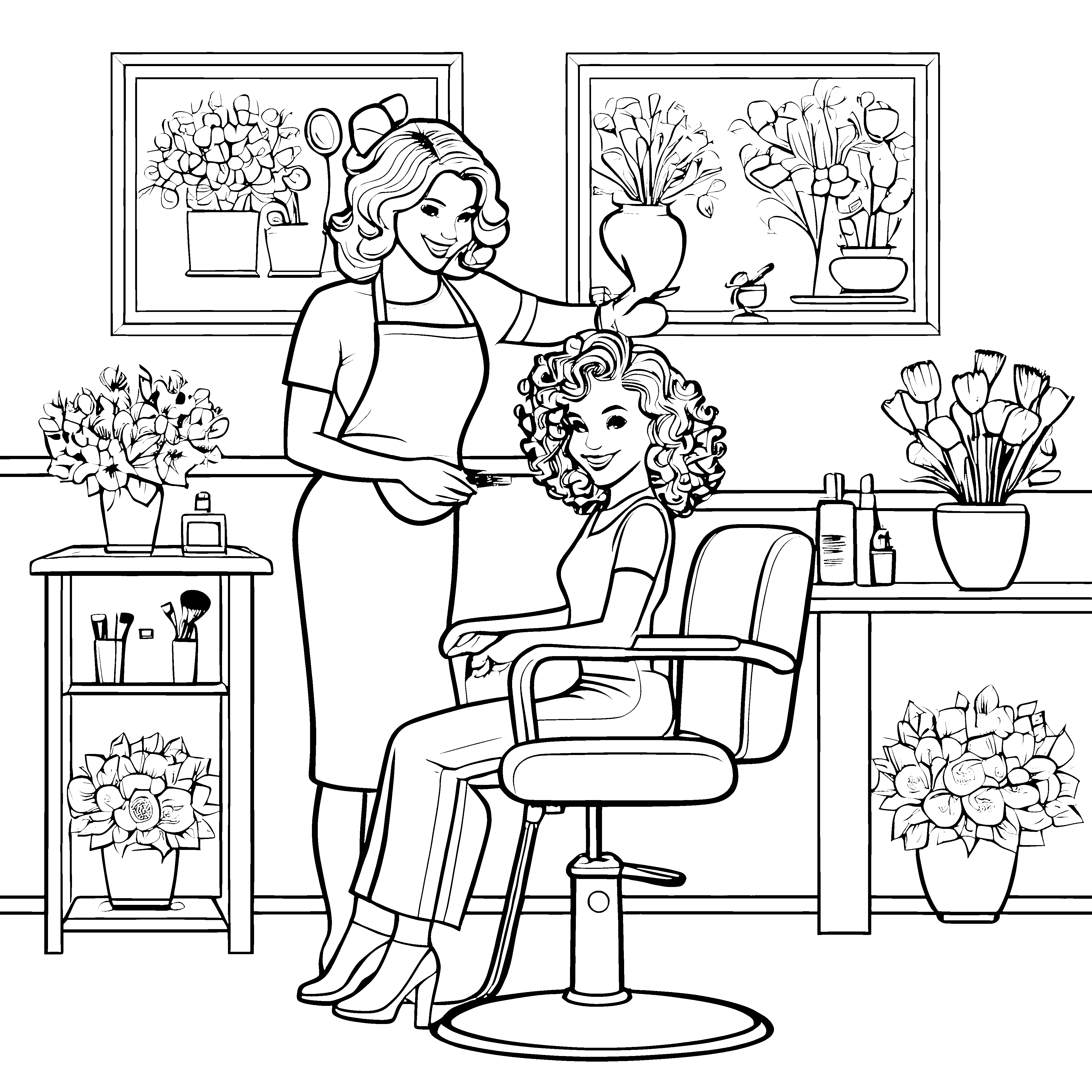 Haarstyling im Salon mit fantasievollen Pflanzen Malbild für kreative Haarfreunde