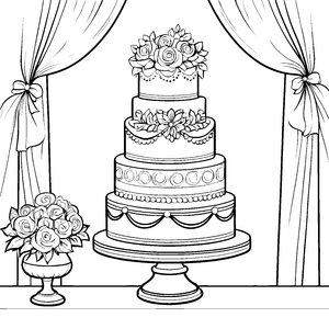 Bezaubernde Hochzeitstorte mit eleganten Rosen Malvorlage für fantasievolle Feinschmecker
