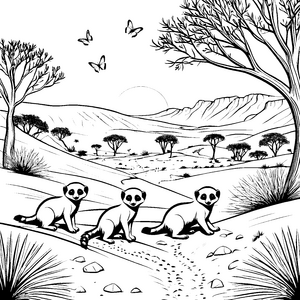 Drei fröhliche Erdmännchen Jungtiere entspannt im Sand Ausmalmotiv für kleine Entdecker und neugierige Naturfreunde