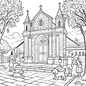 Bezaubernde Kirche mit neugierigen Kindern Ausmalmotiv für kreative Forscher