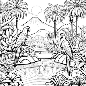 Zwei lebhafte Papageien am Wasserfall Ausmalmotiv für fantasievolle Naturentdecker