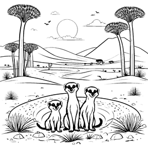 Drei putzige Erdmännchen Jungtiere im Kreis Ausmalbild für neugierige Tierliebhaber und junge Entdecker