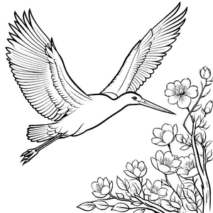 Schwebender Storch über bunten Blüten Malvorlage für träumerische Naturfreunde