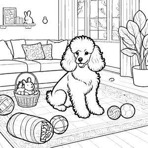 Bezaubernder Hund auf einem Teppich mit Spielzeug Malvorlage für fantasievolle Tierfreunde mit Entdeckergeist