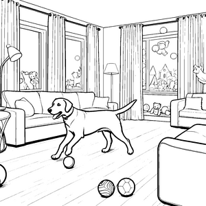 Froher Hund entdeckt lebhafte Sportbälle im Wohnzimmer Ausmalmotiv für abenteuerlustige Tierliebhaber mit Fantasie