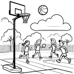 Spaßige Basketballspieler in fröhlicher Runde Ausmalbild für aktive kreative Köpfe