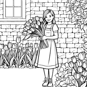 Fröhliches Mädchen mit strahlendem Tulpenstrauß Malvorlage für kleine Blütenzauberer