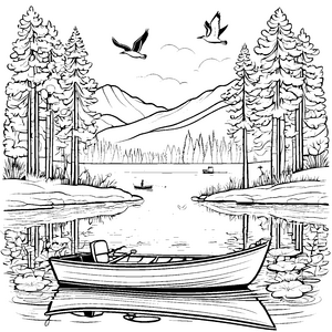Idyllischer See mit Boot und Enten Ausmalvorlage für kleine Naturfreunde