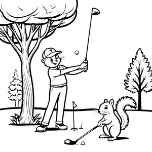 Fröhlicher Golfspieler mit neugierigem Eichhörnchen Ausmalmotiv für junge Sportfans