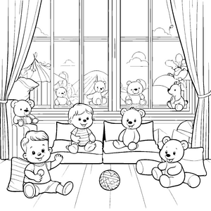 Bezaubernde Babys mit Teddybären auf dem Sofa Ausmalvorlage für kleine Geschichtenerzähler
