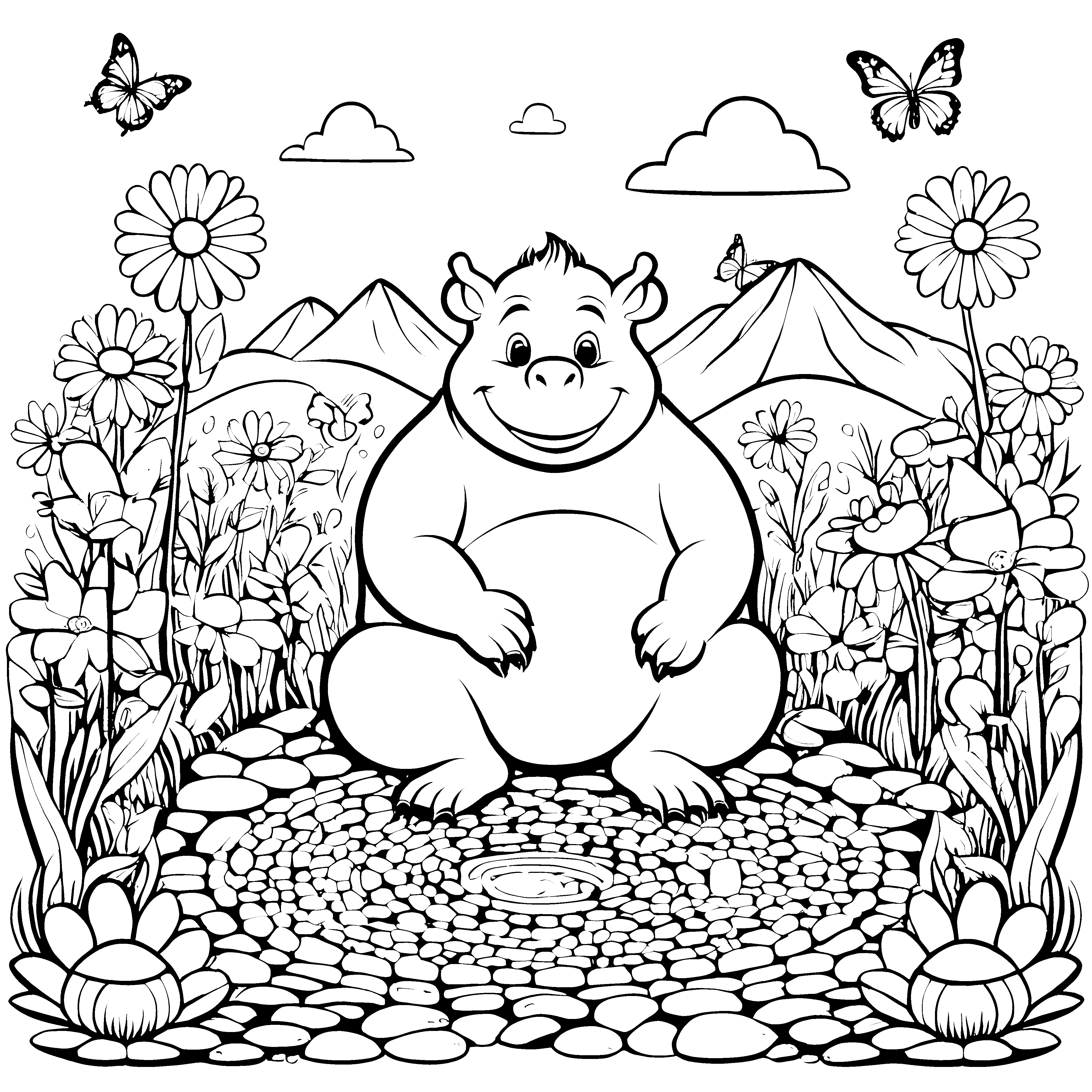 Fröhlicher Oger im blühenden Garten Ausmalmotiv für kleine Naturentdecker