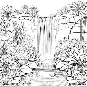 Beeindruckender Wasserfall mit üppigem Grün Ausmalmotiv für kleine Entdecker mit Abenteuerlust