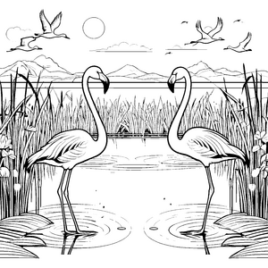 Zwei schicke Flamingos im Wasser stehen Ausmalbild für abenteuerliche Naturforscher