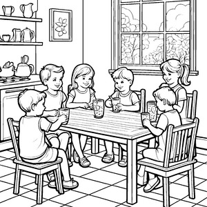 Bunte Getränkerunde am Küchentisch Ausmalvorlage für fröhliche Spaßvögel