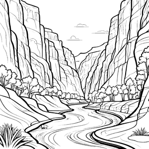 Majestätische Schlucht mit sanftem Fluss Ausmalbild für kleine Naturentdecker