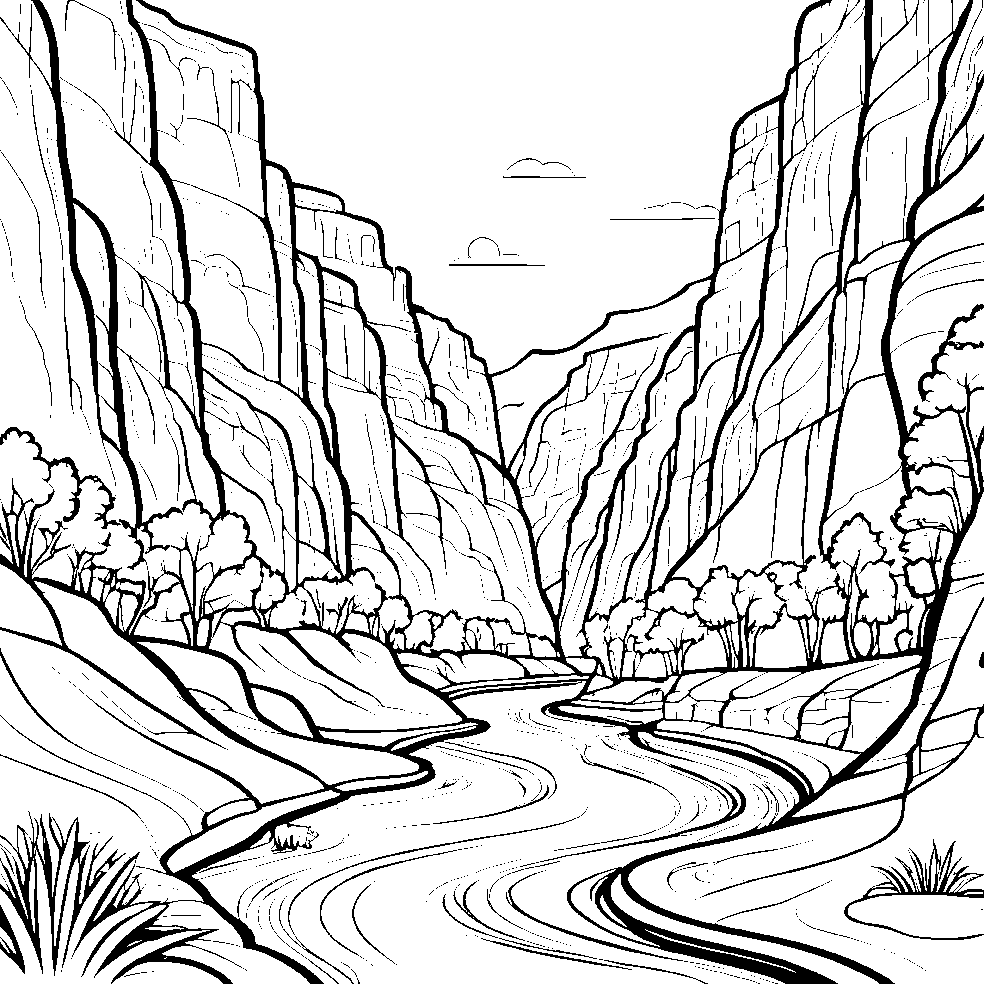 Majestätische Schlucht mit sanftem Fluss Ausmalbild für kleine Naturentdecker