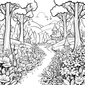 Verzauberte Waldlandschaft mit bunten Blumen Malvorlage für kleine Naturforscher