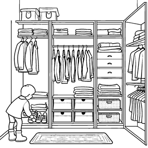 Neugieriger Junge entdeckt bunten Wäscheschrank Ausmalbild für fantasievolle Entdecker